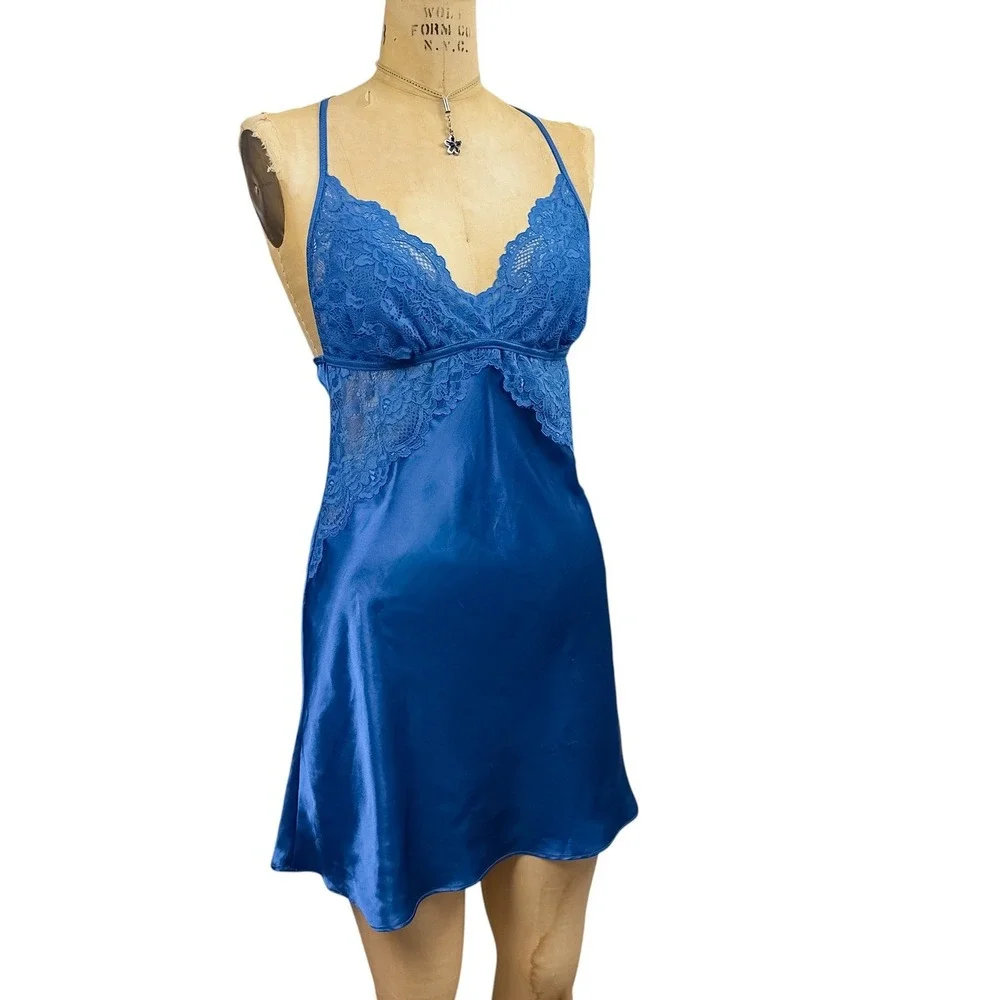 Coquette Blue Lace Chemise Nightie Strappy Back Satin Romantic Dainty One Size